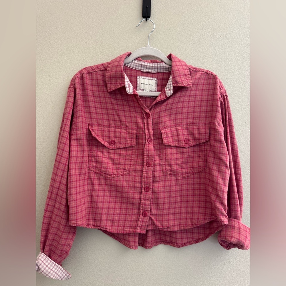 American Eagle Pink Plaid Button-Up Shirt- Cropped Flannel - Size S